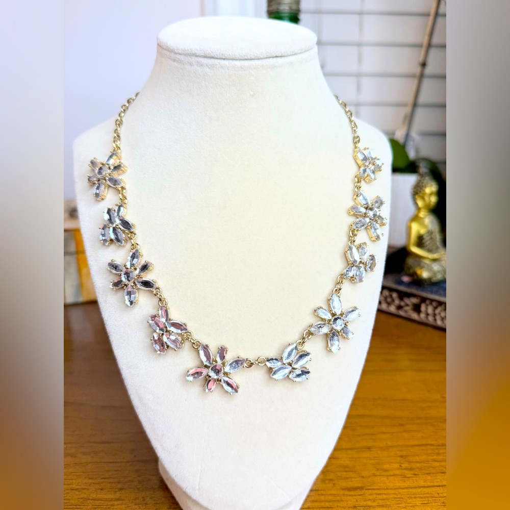 J.Crew Modern Crystal Flower Necklace Clear Rhinestones Silver Tone Chain